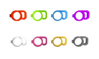 Beyaz arka planda karabina simgesi izole edilmiş renkli geri çekilebilir ip tasması. Evcil köpek liderliği. Açık hava yürüyüşü için hayvan aksesuarı. Minimalizm kavramı. 3 Boyutlu resimleme