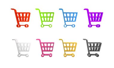 Beyaz arkaplanda renkli alışveriş arabası simgesi izole edildi. İnternetten satın alma konsepti. Servis tabelası. Süpermarket sepeti sembolü. Minimalizm kavramı. 3 Boyutlu resimleme
