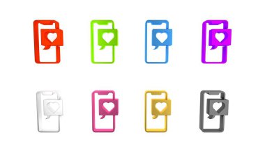 Kalp emojisi konuşma baloncuklu renkli akıllı telefon beyaz arkaplanda izole edilmiş ekran simgesine mesaj gönder. Sevgililer Günü. Minimalizm kavramı. 3 Boyutlu resimleme