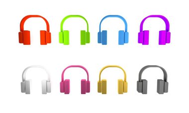 Beyaz arkaplanda renkli kulaklık simgesi izole edildi. Kulaklıklar. Müzik, hizmet, iletişim ve operatör konsepti. Minimalizm kavramı. 3 Boyutlu resimleme
