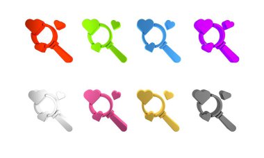 Renkli Arama Kalbi ve aşk simgesi beyaz arkaplanda izole edildi. İçinde kalp olan büyüteç. Minimalizm kavramı. 3 Boyutlu resimleme