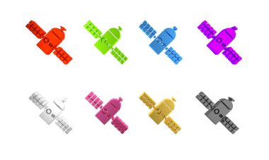 Beyaz arkaplanda renkli uydu simgesi izole edildi. Minimalizm kavramı. 3 Boyutlu resimleme