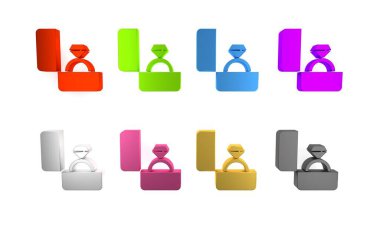 Renkli Elmas nişan yüzüğü simgesi beyaz arkaplanda izole edilmiş. Minimalizm kavramı. 3 Boyutlu resimleme