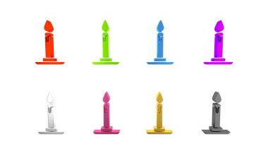 Beyaz arkaplanda izole edilmiş, şamdan simgesinde yanan renkli mum. Silindirik mum çubuğu ve yanan ateş. Minimalizm kavramı. 3 Boyutlu resimleme