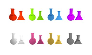 Renkli test tüpü ve beyaz arkaplanda izole edilmiş şişe ikonu. Kimyasal laboratuvar testi. Laboratuvar camları. Minimalizm kavramı. 3 Boyutlu resimleme