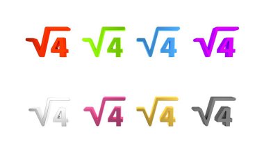 Beyaz arkaplanda izole edilmiş 4 sembolün renkli kare kökü. Matematiksel ifade. Minimalizm kavramı. 3 Boyutlu resimleme