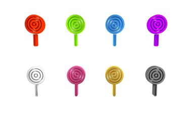 Beyaz arkaplanda renkli lolipop simgesi izole edildi. Şeker işareti. Yemek, lezzetli bir sembol. Minimalizm kavramı. 3 Boyutlu resimleme