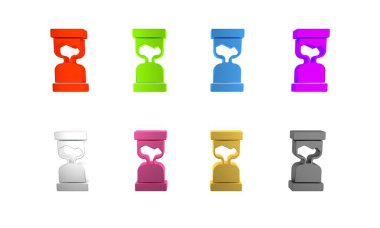 Beyaz zemin üzerinde kum ikonu olan renkli eski kum saati. Kum saati işareti. İş ve zaman yönetimi kavramı. Minimalizm kavramı. 3 Boyutlu resimleme 