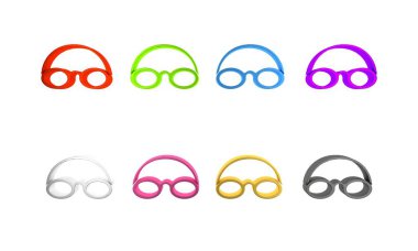 Yüzme ikonu için renkli gözlük ve şapka beyaz arka planda izole edilmiş. Yüzme şapkası ve gözlükleri. Su altı ekipmanları. Minimalizm kavramı. 3 Boyutlu resimleme 