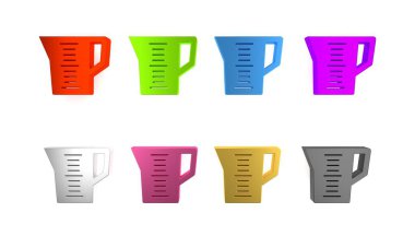 Beyaz zemin üzerinde izole edilmiş kuru ve sıvı yiyecek ikonunu ölçmek için renkli ölçme kabı. Plastik şişenin sapı var. Minimalizm kavramı. 3 Boyutlu resimleme 