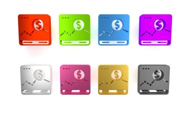 Borsa büyüme grafikleri ve para ikonu beyaz arka planda izole edilmiş renkli web sitesi. Ekranda ok grafikleri olan bir monitör. Minimalizm kavramı. 3 Boyutlu resimleme 