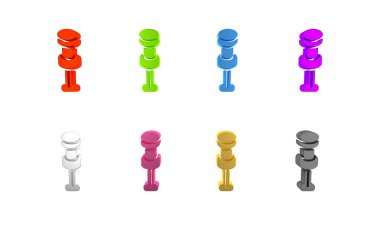 Beyaz arkaplanda renkli Push pin simgesi izole edildi. Raptiye işareti. Minimalizm kavramı. 3 Boyutlu resimleme 