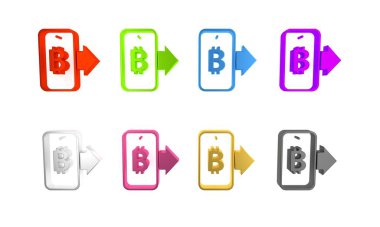 Mobil simgeden gelen renkli madencilik bitcoin beyaz arka planda izole edildi. Kripto para birimi madenciliği, engelleme zinciri teknoloji servisi. Minimalizm kavramı. 3 Boyutlu resimleme 