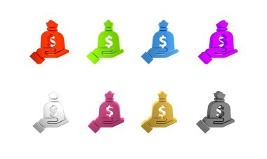 Renkli El para çantası ikonu beyaz arka planda izole edildi. Dolar ya da USD sembolü. Nakit bankacılık tabelası. Minimalizm kavramı. 3 Boyutlu resimleme 