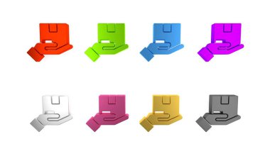 Renkli Teslimat sigorta ikonu beyaz arka planda izole edildi. Kalkanın ötesinde sigorta kutuları var. Minimalizm kavramı. 3 Boyutlu resimleme 