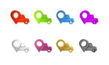 Beyaz arkaplanda izole edilmiş taksi simgesi olan renkli harita işaretçisi. Konum sembolü. Minimalizm kavramı. 3 Boyutlu resimleme 
