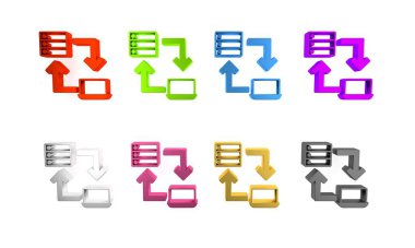 Renkli Çevrimiçi çalışma simgesi beyaz arkaplanda izole edildi. Evinde dizüstü bilgisayarla çalışan serbest çalışan bir adam. Uzaktan kumanda. Mesafeli iş kavramı. Minimalizm kavramı. 3 Boyutlu resimleme 