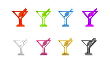 Beyaz arka planda izole edilmiş renkli martini cam ikonu. Kokteyl ikonu. Şarap kadehi ikonu. Minimalizm kavramı. 3 Boyutlu resimleme 