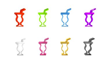 Beyaz arkaplanda izole edilmiş renkli milkshake simgesi. Kapaklı ve samanlı plastik bardak. Minimalizm kavramı. 3 Boyutlu resimleme 