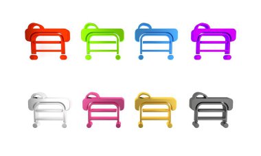 Beyaz arkaplanda renkli Sedye simgesi izole edildi. Hastanenin tıbbi sedyesi. Minimalizm kavramı. 3 Boyutlu resimleme 