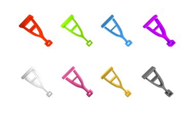 Beyaz arkaplanda renkli koltuk değnekleri ya da koltuk değnekleri simgesi var. Kas iskeleti hastalığı olan insanların rehabilitasyonu için gerekli ekipman. Minimalizm kavramı. 3 Boyutlu resimleme 