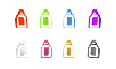 Çamaşır deterjanı, çamaşır suyu, bulaşık deterjanı ya da beyaz arka planda izole edilmiş başka bir temizlik maddesi ikonu için renkli plastik şişe. Minimalizm kavramı. 3 Boyutlu resimleme