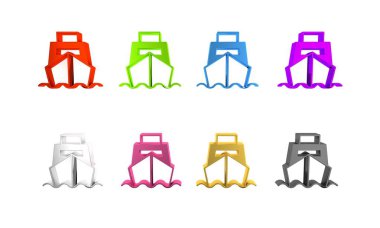 Beyaz arkaplanda kutucuk servis simgesi olan renkli bir kargo gemisi. Teslimat, ulaşım. Paketleri, kutuları, malları olan bir şilep. Minimalizm kavramı. 3 Boyutlu resimleme