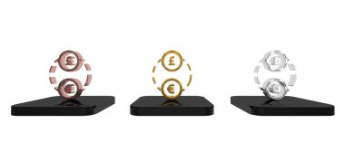 Renkli Para Takas simgesi beyaz arkaplanda izole edildi. Euro ve Sterling nakit transferi sembolü. Bankacılık işareti. Minimalizm kavramı. 3 Boyutlu resimleme