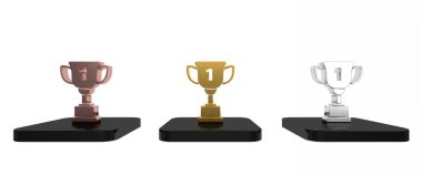 Renkli ödül kupası simgesi beyaz arkaplanda izole edildi. Galibiyet ödülü sembolü. Şampiyonluk ya da yarışma kupası. Spor başarısı işareti. Minimalizm kavramı. 3 Boyutlu resimleme