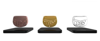 Beyaz arka planda balık ikonu olan renkli bir akvaryum. Yuvarlak cam akvaryum. Ev ve evcil hayvanlar için akvaryum. Minimalizm kavramı. 3 Boyutlu resimleme