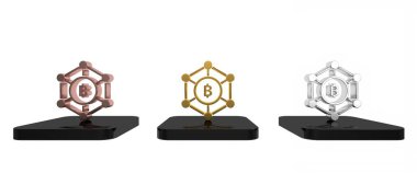 Renkli engelleme teknolojisi Bitcoin simgesi beyaz arkaplanda izole edildi. Soyut geometrik blok zincir ağ teknolojisi işi. Minimalizm kavramı. 3 Boyutlu resimleme