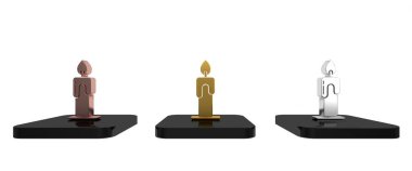 Beyaz arkaplanda izole edilmiş renkli Yanan Mum simgesi. Silindirik aromatik mum çubuğu ve yanan ateş. Mutlu Cadılar Bayramı Partisi. Minimalizm kavramı. 3 Boyutlu resimleme