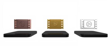 Renkli Video simgesi beyaz arkaplanda izole edildi. Oyun işaretli film şeridi. Minimalizm kavramı. 3 Boyutlu resimleme