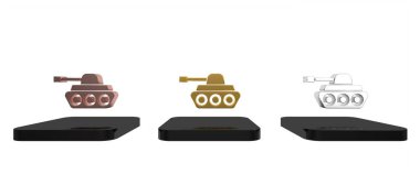 Beyaz arka planda izole edilmiş renkli askeri tank ikonu. Minimalizm kavramı. 3 Boyutlu resimleme