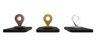 Beyaz arkaplanda renkli Harita iğne simgesi izole edildi. Navigasyon, işaret, konum, harita, GPS, yer belirleme. Minimalizm kavramı. 3 Boyutlu resimleme.