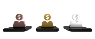 Renkli iş adamı, beyaz arka planda izole edilmiş zihin ikonu planlıyor. Dolarlı insan kafası. Para kazanmak için bir fikir. Yatırım artışı. Minimalizm kavramı. 3 Boyutlu resimleme