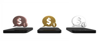 Beyaz arka planda dolar simgesi olan renkli bir konuşma balonu. Rozet fiyatına. Dolar sembollü indirim. Reklam etiketi indirimi. Minimalizm kavramı. 3 Boyutlu resimleme