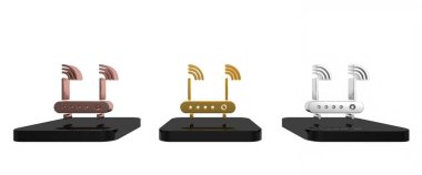 Renkli Yönlendirici ve kablosuz ağ sinyali simgesi beyaz arkaplanda izole edildi. Kablosuz ethernet modem yönlendirici. Bilgisayar teknolojisi interneti. Minimalizm kavramı. 3 Boyutlu resimleme