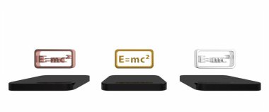 Beyaz arkaplanda izole edilmiş renkli matematik denklem çözümü simgesi. E eşittir bilgisayar ekranında mc kare denklemi. Minimalizm kavramı. 3 Boyutlu resimleme