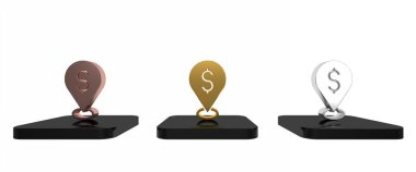 Renkli Cash lokasyon simgesi beyaz arkaplanda izole edildi. İşaretçi ve dolar sembolü. Para yeri. İş ve yatırım konsepti. Minimalizm kavramı. 3 Boyutlu resimleme 