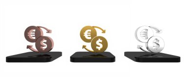 Renkli Para Takas simgesi beyaz arkaplanda izole edildi. Euro ve Dolar para transferi sembolü. Bankacılık işareti. Minimalizm kavramı. 3 Boyutlu resimleme 