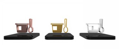 Beyaz zemin üzerinde kaşık simgesi olan renkli yoğurt kabı. Plastik bardakta yoğurt. Minimalizm kavramı. 3 Boyutlu resimleme 