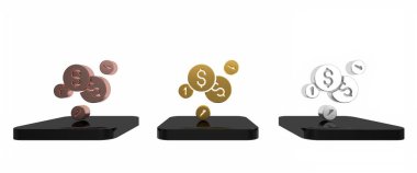 Beyaz arkaplanda dolar sembolü olan renkli madeni para. Bankacılık işareti. Para sembolü. Minimalizm kavramı. 3 Boyutlu resimleme