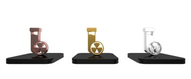 Zehirli sıvı ikonu beyaz arka planda izole edilmiş renkli laboratuvar kimyasal deney şişesi. Biyolojik tehlike sembolü. Radyasyon ikonu olan tehlikeli bir sembol. Minimalizm kavramı. 3 Boyutlu resimleme