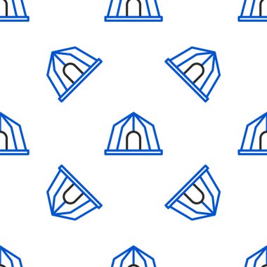 Line Circus çadır simgesi beyaz arkaplanda izole edilmiş kusursuz desen. Karnaval kamp çadırı. Eğlence parkı. Renkli taslak konsepti. Vektör