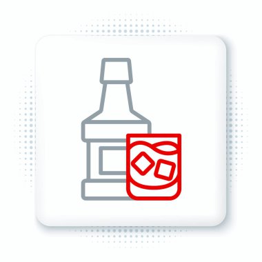 Çizgi viski şişesi ve cam ikon beyaz arka planda izole edilmiş. Renkli taslak konsepti. Vektör