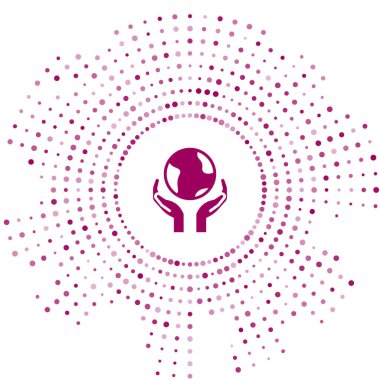 Beyaz arka planda Dünya 'nın ikonunu tutan mor insan eli. Dünya kavramını sakla. Soyut çember rastgele noktalar. Vektör.