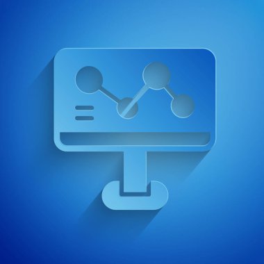 Kağıt kesiği Kimyasal formül mavi arkaplanda izole edilmiş monitör simgesi. Yenilikçi tıp, sağlık, araştırma ve bilim için soyut altıgen. Kağıt sanatı tarzı. Vektör.