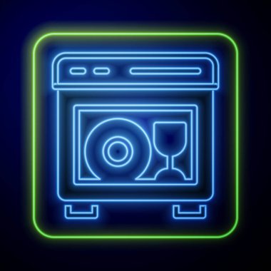 Parlayan neon mutfak bulaşık makinesi ikonu mavi arka planda izole edilmiş. Vektör.