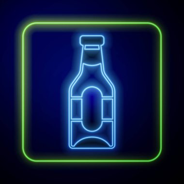 Parlayan neon bira şişesi ikonu mavi arka planda izole edildi. Vektör.